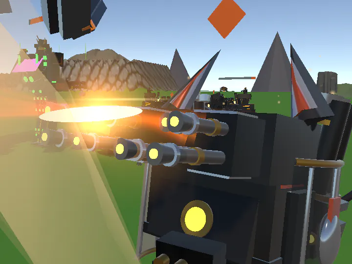 The Hero's shoulder guns firing, a muzzle flash on the barrels