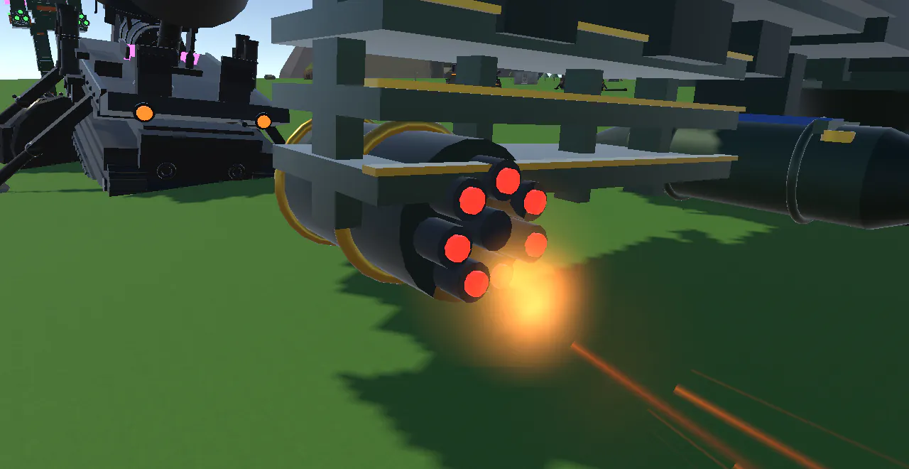 Close on a Robocopter wing-tip gatling pod as it fires